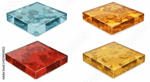 Set of square resin blocks with crystals in a vibrant 3D realistic style, in blue, orange, red, and yellow, for decoration