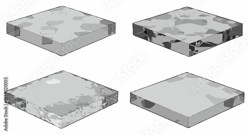 Isolated Images. Polycrystalline material structure samples in a 3D scientific illustration style in grayscale for materials science visualization