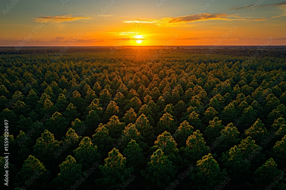 Fototapeta premium Stunning sunrise over dense forest in tranquil natural landscape