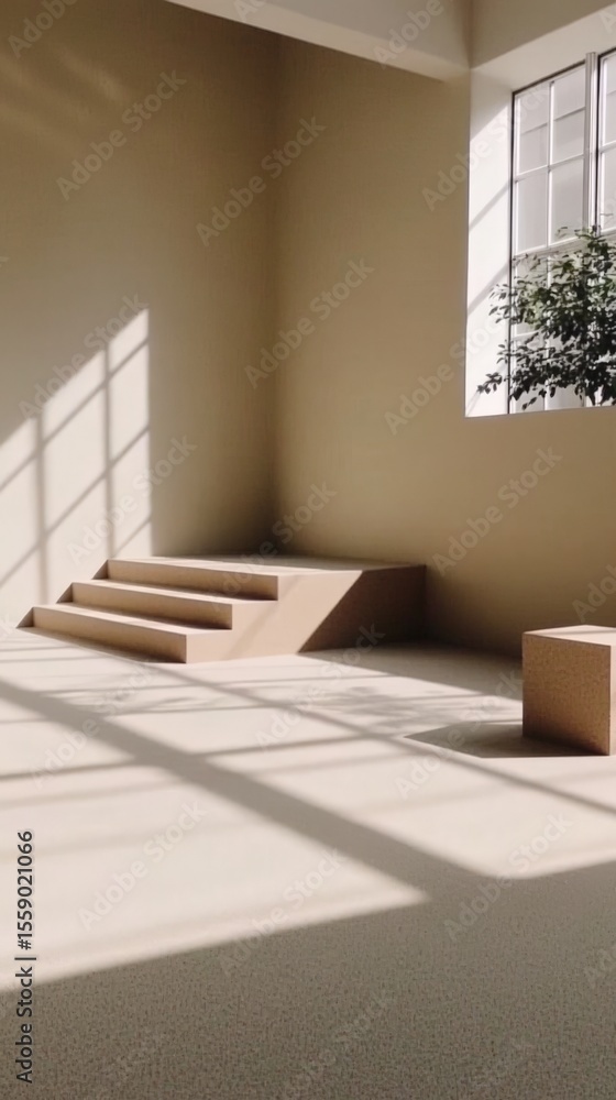 Fototapeta premium Minimalist sunlit interior with staircase and large window