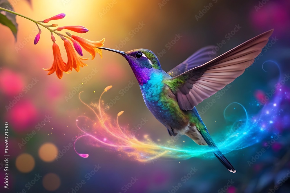 Obraz premium Vibrant hummingbird sips nectar from orange flowers amidst magical swirling lights
