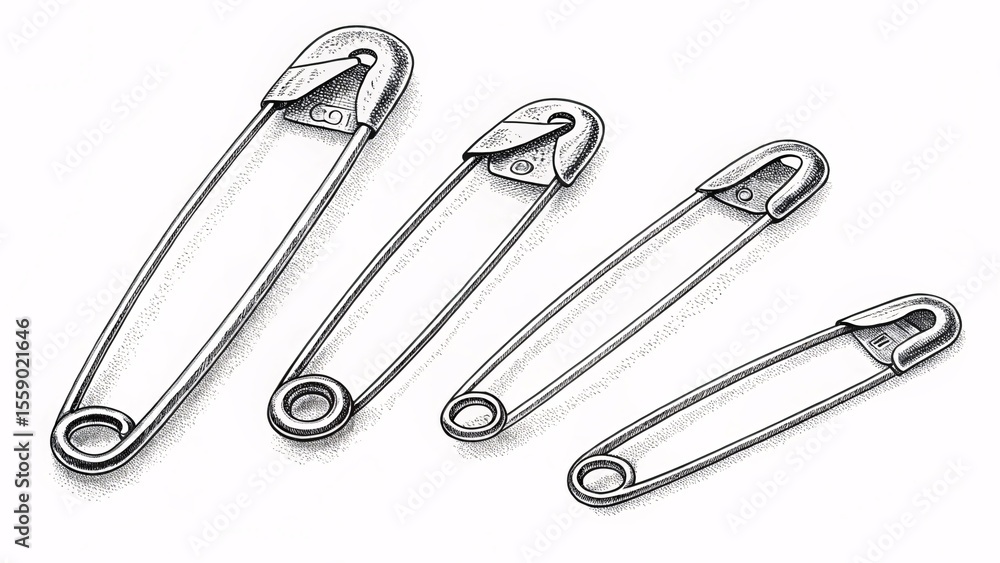 Variety of Safety Pins in Different Sizes, Arranged Diagonally on a Clean White Surface Depicting Sewing and Crafting Essentials Variety of Safety Pins in Different Sizes, Arranged Diagonally on a Clean White Surface Depicting Sewing and Crafting Essentials
