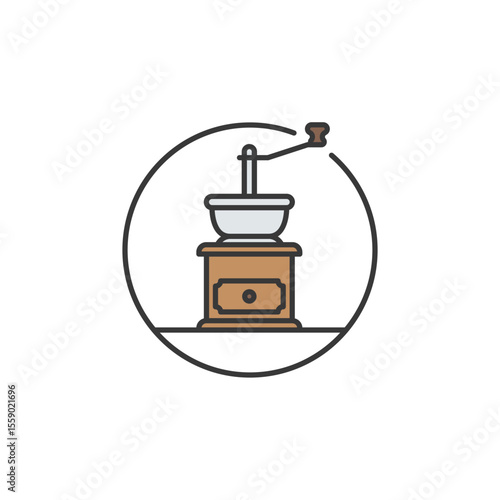 Vintage coffee grinder icon symbolizing fresh grounds. Great for café branding, brewing guides, and specialty menus focused on aroma, texture, and handcrafted quality