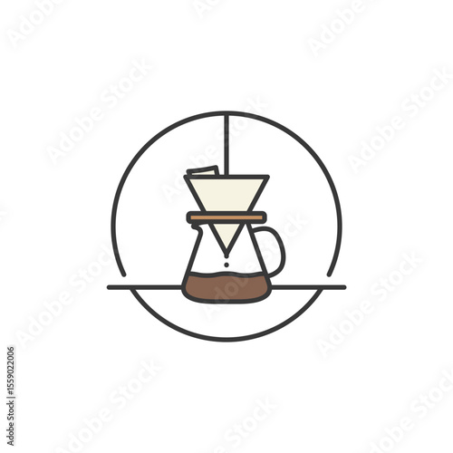 Flat-style icon of a pour-over coffee dripper with glass pitcher, ideal for specialty café branding, emphasizing handcrafted brews, barista tools, and slow coffee experiences