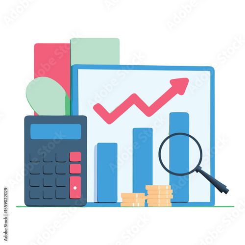 Financial growth and analysis with calculator and magnifying glass
