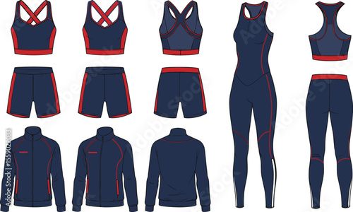 Complete Women's Activewear Collection Technical Flat Sketch with Sports Bra, Shorts, Leggings, and Jacket in Navy and Red