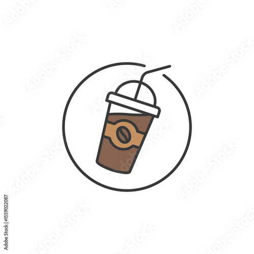 Flat icon of an iced coffee cup with lid and straw, ideal for cafés promoting cold brew, chilled espresso drinks, and takeaway refreshers, optimized for trending summer beverages