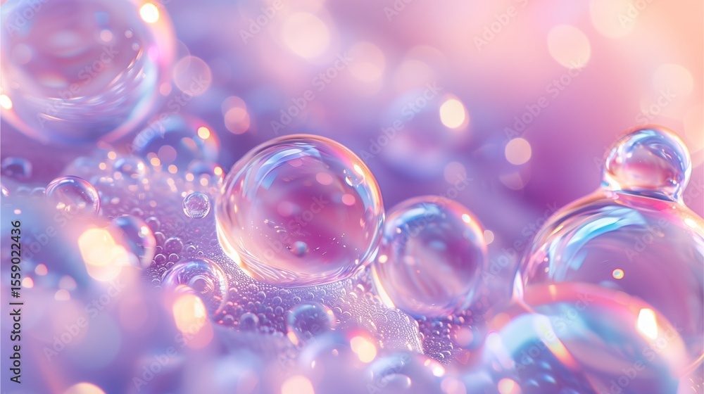 Close-up shot of iridescent water bubbles on a soft purple surface, reflecting light beautifully Close-up shot of iridescent water bubbles on a soft purple surface, reflecting light beautifully