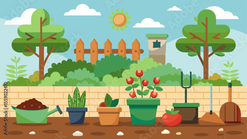 Colorful backyard garden with potted plants, vegetables, tools, and trees under sunny sky in no dig gardening concept