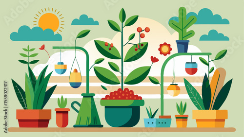 Indoor garden setup with various potted plants, grow lights, and tools used for plant propagation and care