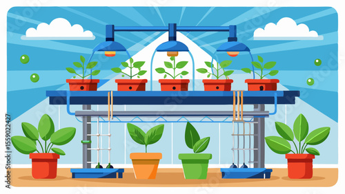 Indoor aeroponics setup with suspended plants, nutrient delivery system, grow lights, and smart irrigation technology