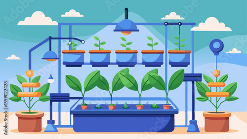 High-tech aeroponics system with plants suspended in air, automated lights, and misting nozzles in a futuristic indoor setup