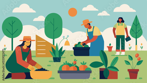 People working in a thriving garden harvesting vegetables and composting soil, reflecting regenerative gardening practices