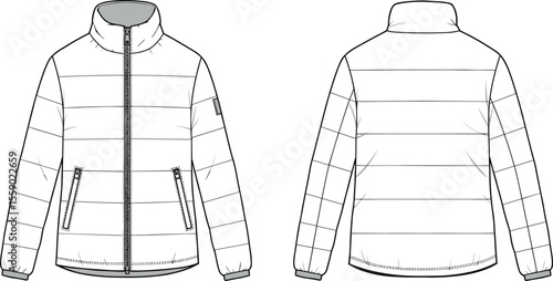 Puffer Jacket Mockup Front Back View with Stand Collar, Quilted Design Winter Outerwear Apparel Template, Warm Coat Vector Illustration, Blank Fashion Design, Cold Weather Essential,