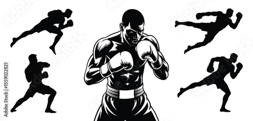Powerful Boxer with Silhouettes of Martial Artists