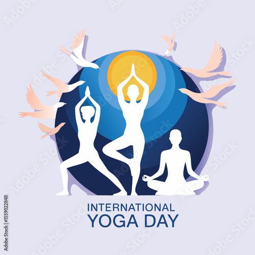 Serene yoga postures silhouetted against a tranquil backdrop, commemorating the essence of inner peace and well-being with an inspiring illustration.