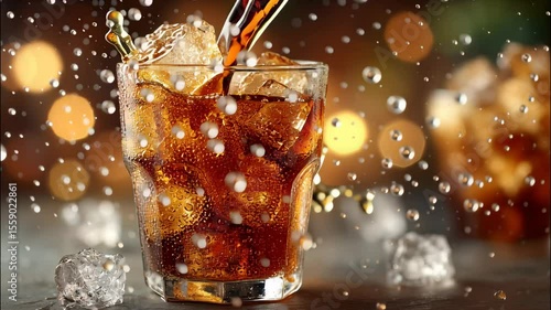 Refreshing soda splash with ice cubes falling into glass, cola and bokeh lights in background