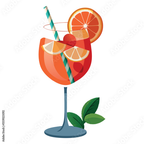 Refreshing spritz cocktail with orange slices and a straw in a wine glass