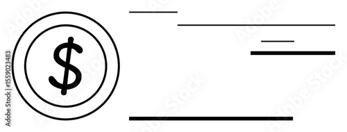 Dollar sign inside a minimalist coin outline, horizontal lines symbolizing motion, speed, and financial transactions. Ideal for finance, economy, money transfer, payment, investment business simple