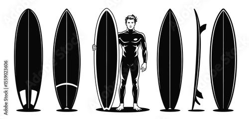 Surfer with Various Surfboard Designs in Black and White