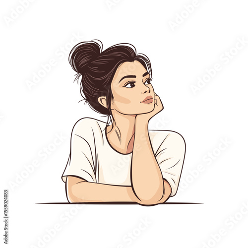 Thoughtful woman resting chin on hand in casual pose