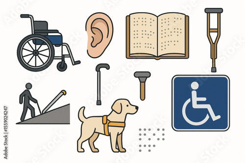 Accessibility and Disability Icons Set Wheelchair Ear Cane Braille Guide Dog Crutch Ramp Handicap Sign