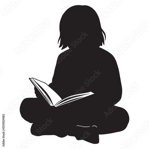 Silhouette of a child reading a book sitting cross legged on white background