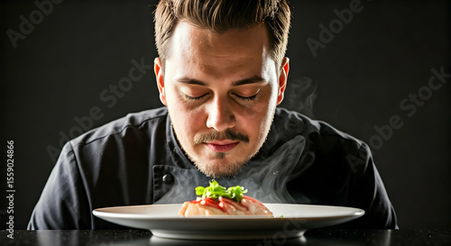 Fototapeta Naklejka Na Ścianę i Meble -  A focused chef inhales the rich aroma of a freshly prepared meal savoring its essence. Ideal for culinary blogs restaurant promotions and food service advertisements highlighting quality ingredients a