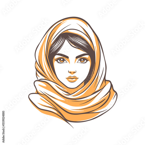 Stylized portrait of woman in orange and white headscarf