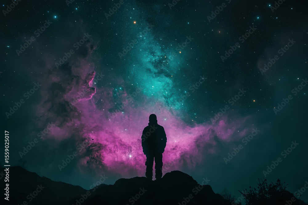 Fototapeta premium Silhouette of person stargazing at vibrant nebula under starry night sky