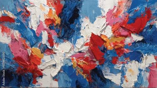 Colorful abstract artwork features a mix of red, blue, pink, and white paint applied with bold strokes. The vibrant composition invites viewers to explore its energetic patterns and textures.