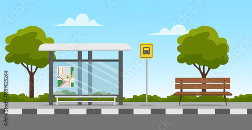 Empty bus stop with sky background. Bus stop public transport in flat style. Vector stock