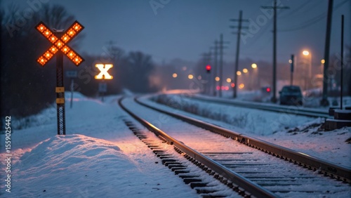 Winter scene of a railroad crossing with illuminated signs and snow covered tracks at dusk