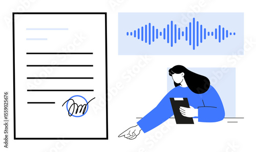 Document with signature, person holding tablet pointing, soundwave graph. Ideal for digital agreements, audio verification, legal tech, remote processes, contract workflow, auditing simple landing