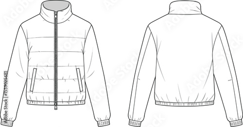 Technical flat sketch of a men's utility jacket with four flap pockets and a classic collar, ideal for casual outerwear design, apparel, and pattern making.