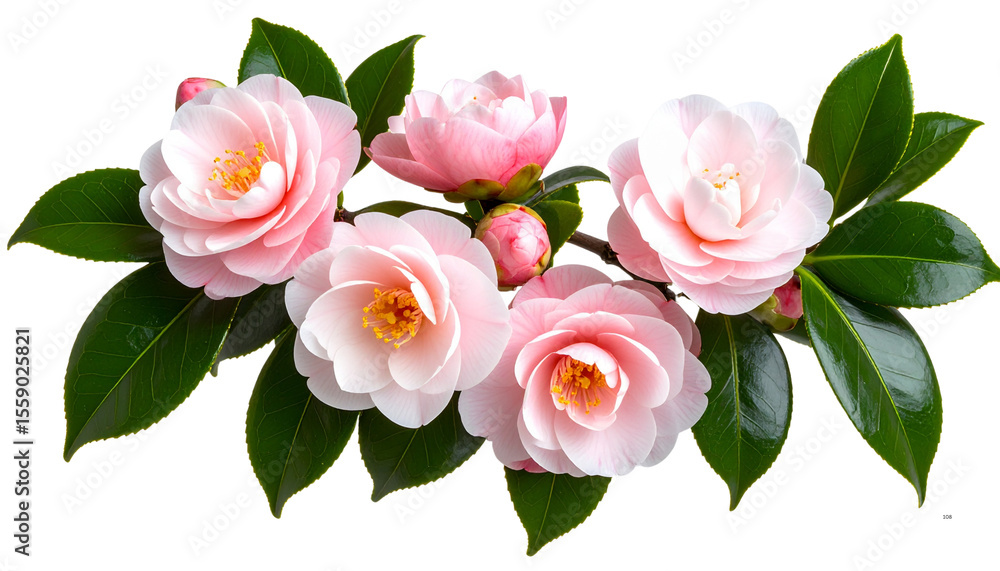 Obraz premium Branch of Blooming Pink Camellia Flowers with Glossy Green Leaves, Isolated on Transparent Background