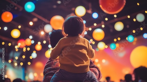 Child on father's shoulders at a party