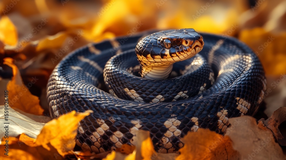 Fototapeta premium Close-up of a coiled black snake with white markings on autumn leaves.