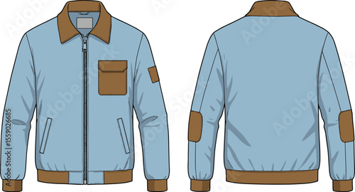 Technical flat sketch of a unisex bomber jacket with contrasting collar, cuffs, and hem, featuring a chest pocket and elbow patches, ideal for outerwear design, apparel, and pattern making