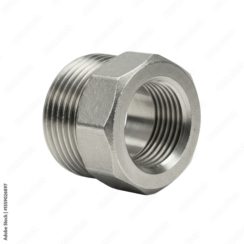 New polished galvanized steel industrial pipe fitting (coupling) with precise threading, isolated on a transparent seamless studio background with bright shadowless illumination, clean and functional New polished galvanized steel industrial pipe fitting (coupling) with precise threading, isolated on a transparent seamless studio background with bright shadowless illumination, clean and functional