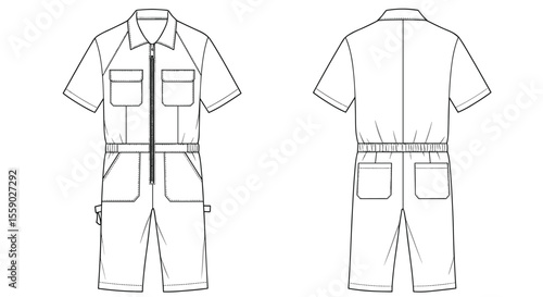 Technical flat sketch of a short-sleeved utility jumpsuit or romper with multiple pockets and a front zipper, shown in front and back views, ideal for fashion design, apparel.