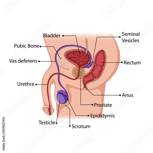 Male reproductive system schematic: A detailed medical illustration of the male reproductive system showcases its essential components, offering a clear understanding of anatomy.