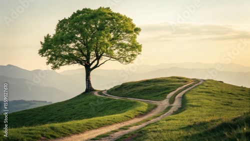 A single tree stands on a hilltop with a path that splits into two directions under a soft sky