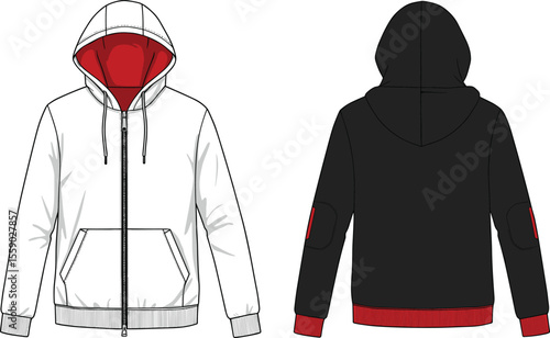 Technical flat sketch of a unisex zip-up hoodie featuring a contrasting hood lining, front kangaroo pocket, and elbow patches, ideal for casual fashion design, apparel, and pattern making