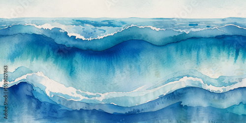 Blue ocean wave background. Blue and white water ocean background. Wavy line background. Hand drawn watercolour ocean background. Vector illustration.	
