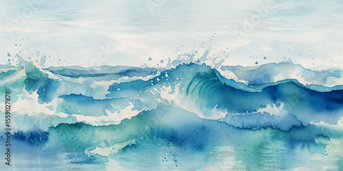 Blue ocean wave background. Blue and white water ocean background. Wavy line background. Hand drawn watercolour ocean background. Vector illustration.	