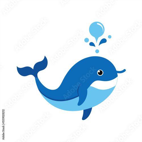 Playful whale with water spout and fish vector on transparent background for web and graphic design