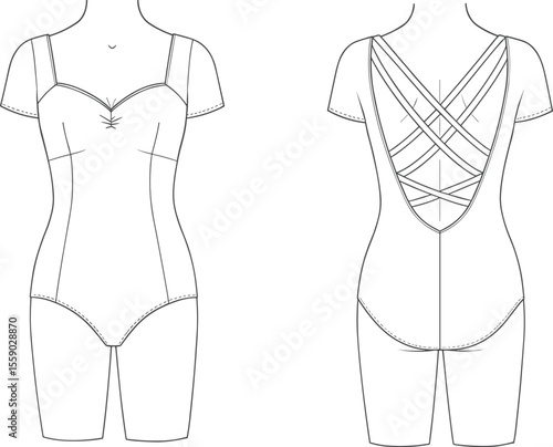 Technical flat sketch of a women's leotard or bodysuit with sweetheart neckline, short sleeves, and criss-cross back straps, ideal for dancewear design, apparel, and pattern making.