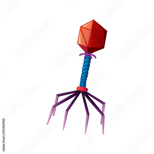 Bacteriophage Illustration: A detailed illustration of a bacteriophage virus, showcasing its complex structure, including its capsid, tail fibers, and sheath.