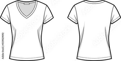 Blank White V-Neck T-Shirt Template, Front and Back Views, Women's Fitted Apparel Flat Sketch, Customizable Design for Casual Wear, Brand Mockups, Fashion Industry Technical Drawing Vecto